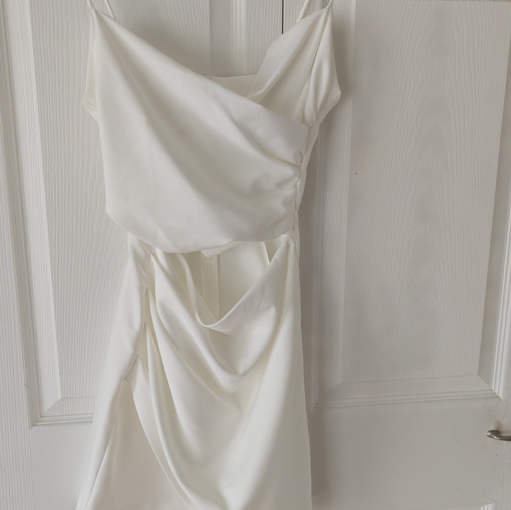 Elegant White Draped Dress Cut Out Middle Section